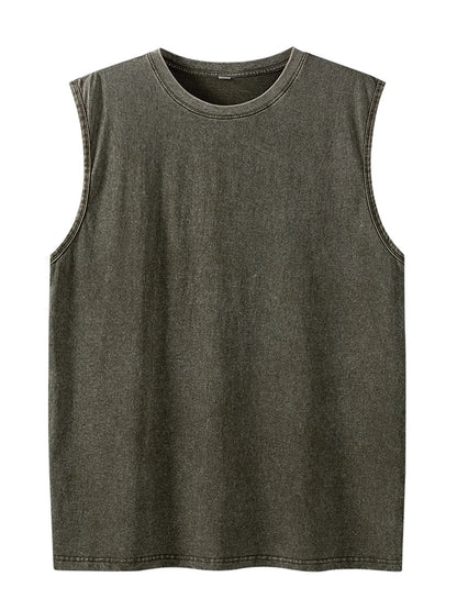 Summer Men's Washed Cotton Tank Tops Muscle Gym Sleeveless Workout T Shirts Running Beach Loose Cutoff Tees