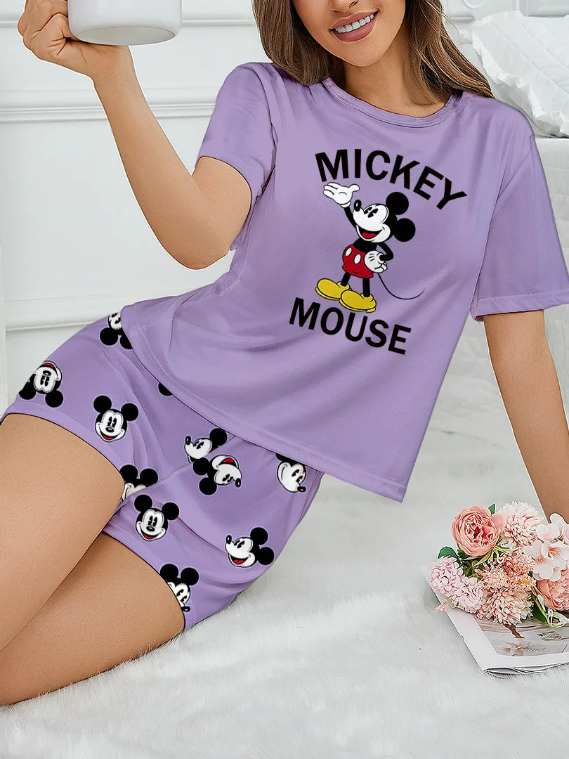 Women's 2-piece Mickey Cute Cartoon Pattern Short sleeved Top and Shorts Sleepwear Home Clothes
