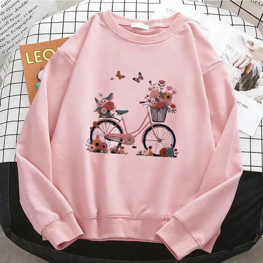 Womens Hoodies Retro Floral Butterfly with Bicycle Print Warm Fleece Sweatshirt Soft O-Neck Pullover Casual Female Clothes