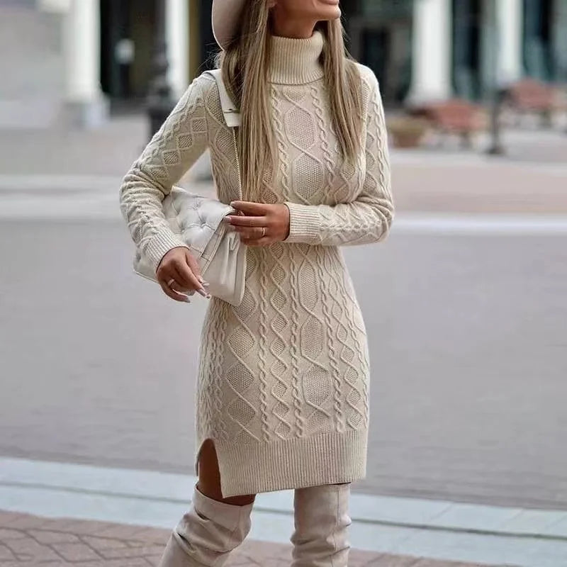 Knitted Sweater Dress – Women's Warm Autumn Winter Long Sleeve A-Line Mid-Calf Skirt