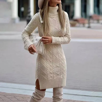 Knitted Sweater Dress – Women's Warm Autumn Winter Long Sleeve A-Line Mid-Calf Skirt