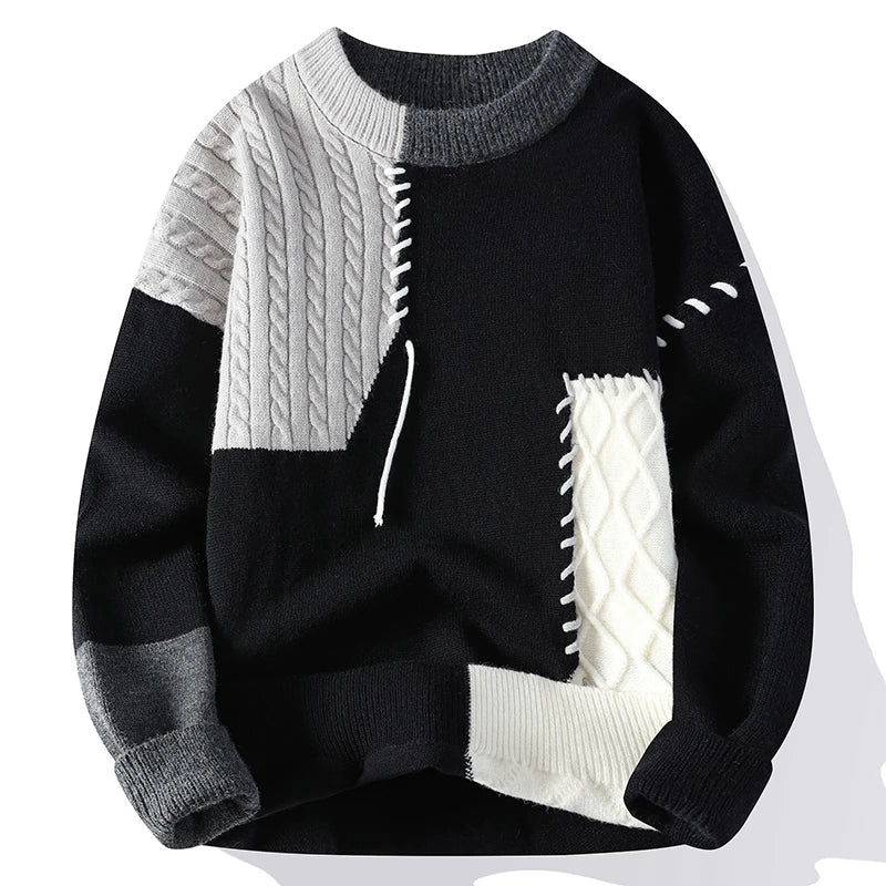 Patchwork Knitted Sweater - Men's Autumn Casual Streetwear Warm Pullover Jumper