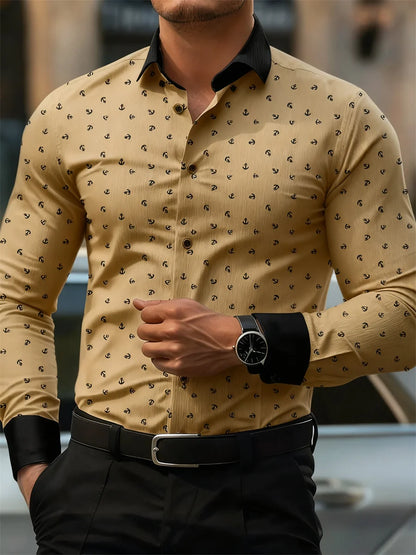 New Men's Fashion Anchor Print Contrast Color Lapel Long Sleeve Shirt Business Casual Slim Fit Non-iron Versatile Shirt XS-6XL
