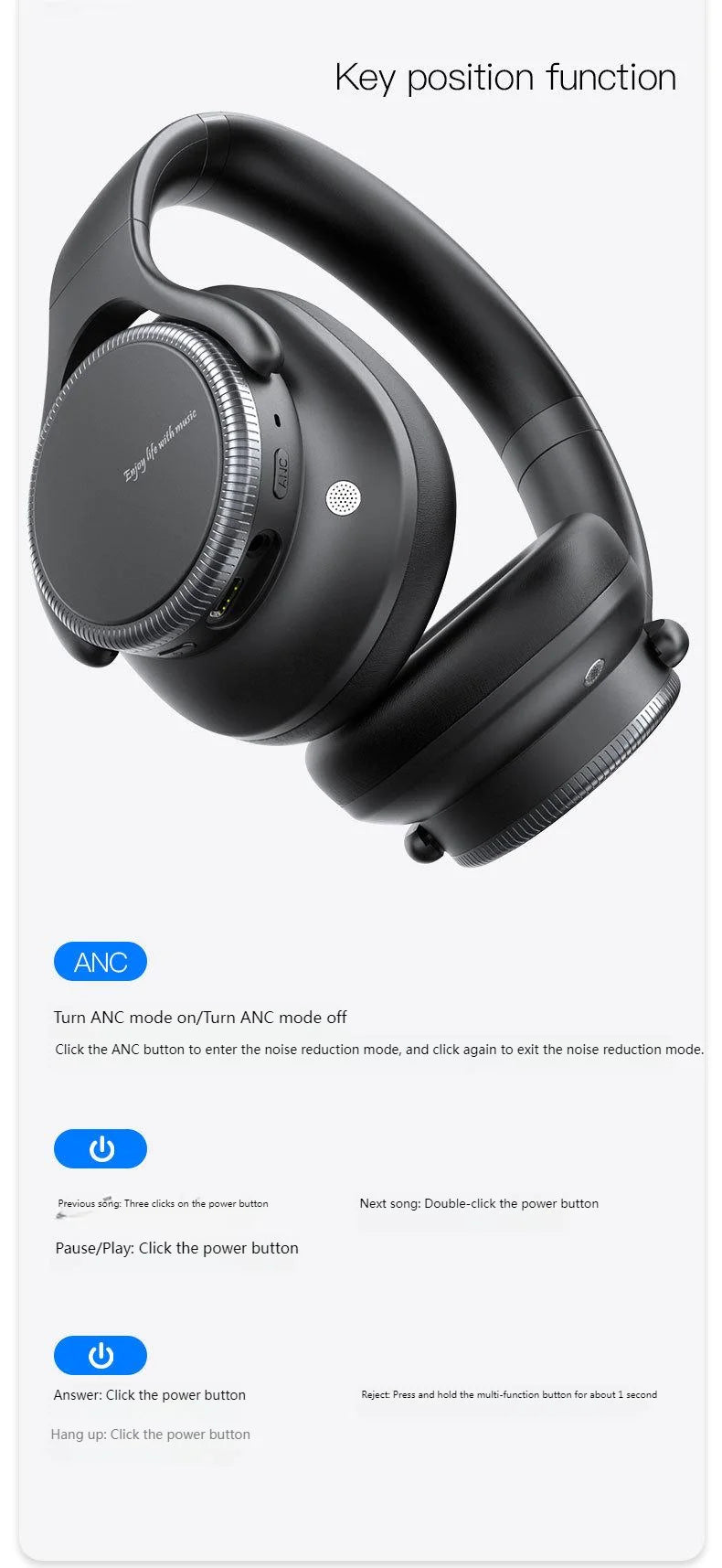 Rotary Volume Knob ANC Active Noise Cancelling Over-Ear Wireless Bluetooth6.0 Headphones Head Mounted Foldable Headset With Mic