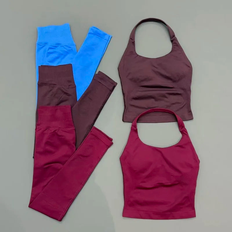 2 Piece Women Gym Set Seamless Halter Sports Top High Waist Leggings Tummy Control Squat Proof Yoga Fitness Activewear