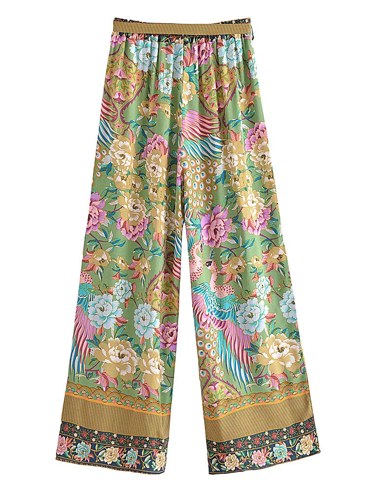 Boho Queens Women Peacock Floral Print Outfits Short Kimono Robe Bohemian Suits Wide Leg Pants 2 Pieces Rayon Boho Sets Swimsuit