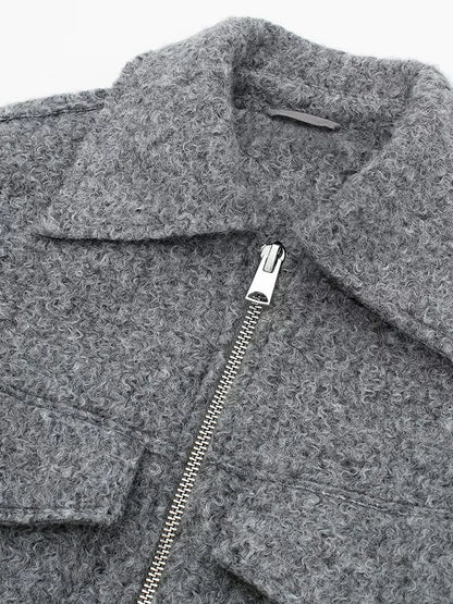 Women Zipper Jacket - Grey Vintage Lapel With Pockets | Casual Long Sleeve Outerwear