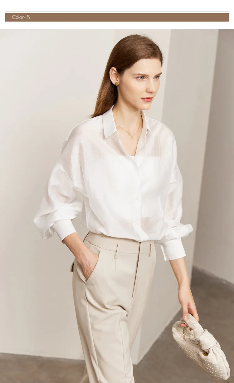 AMII Minimalist Blouse for Women 2023 Autumn Lantern Sleeve V-Neck Slightly Transparent Elegant Commuter Clothing Tops 72341030