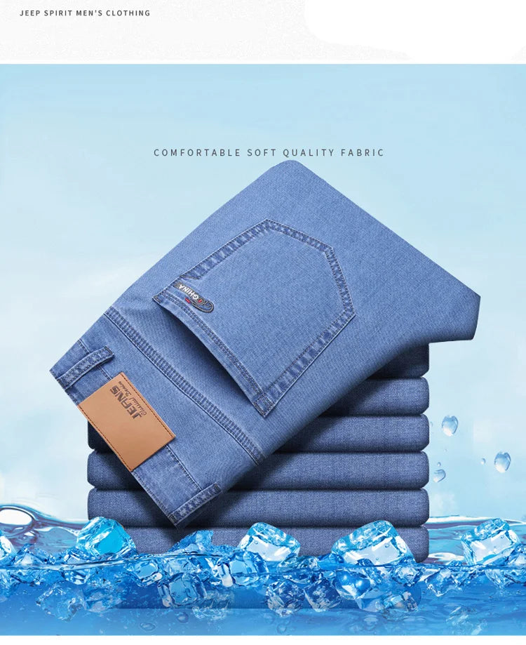 2025 Spring Summer Thin Classic Men's Business Jeans Stretch Trousers Casual Straight Denim Pants  Brand Male Clothing 28-40