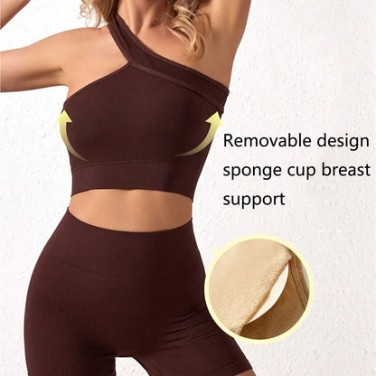 2Pcs Reusable Seamless Women Workout Sets High Waist One Shoulder Active Wear Ribbed Tank Tops Yoga Outfits Fitness