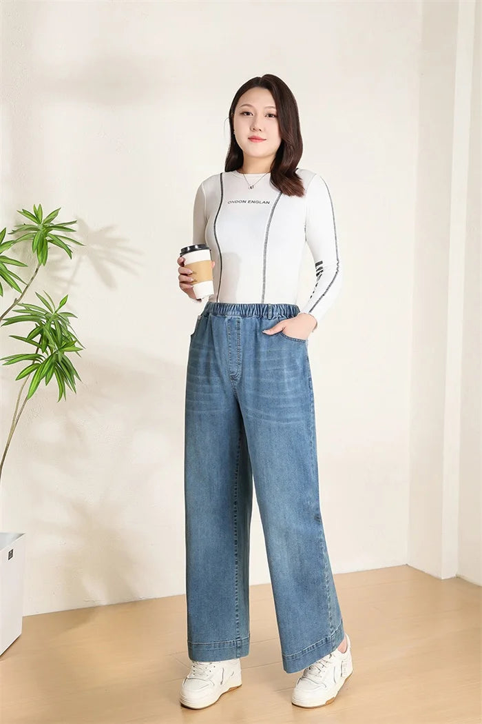 Women Wide Leg Jeans 7XL 9XL Straight Stretched Plus Size Girls Fashion Lady High Waist Female Oversized Denim Pants Trousers