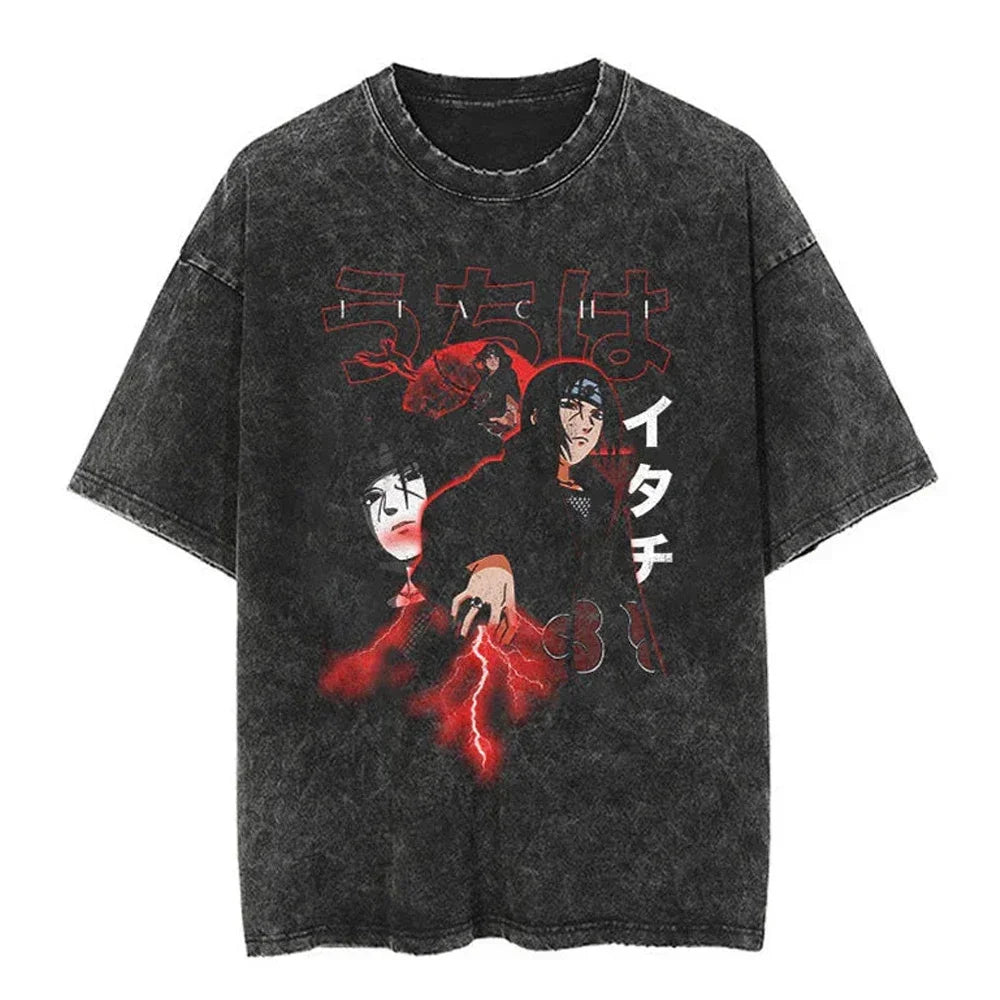 Men Streetwear Tshirt Japanese Naruto Anime Graphic T-Shirt Cotton Harajuku Washed T Shirt Summer Hip Hop Tops Tees Black