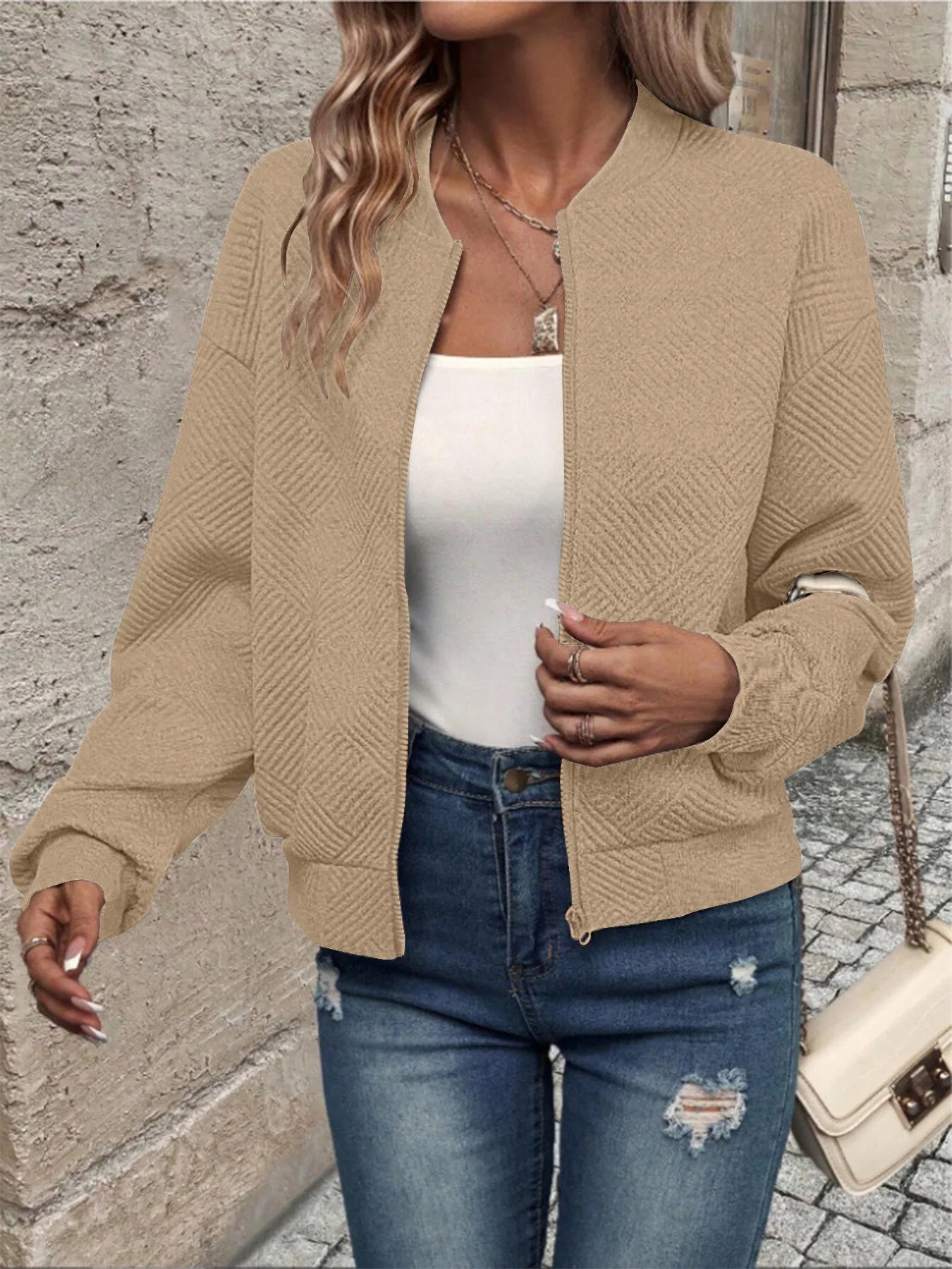 Women's Casual Zipper Jacket - Polyester Spandex Knit Fabric Spring Autumn Coat