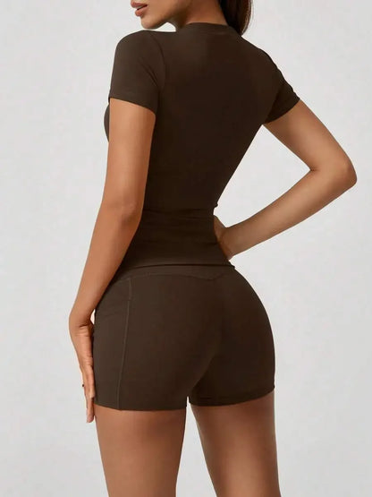 Women's Sweet Sports Short Sleeve High Waist Tummy Control Butt Lifting Shorts Set