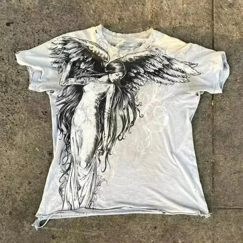 Summer Classic Y2K Gothic Style T-shirt Print Oversized T Shirt High Street Shirts Round Neck Cotton Tops Mens Women T Shirt Tee