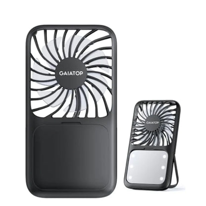Portable Handheld Fan, 3 Speed LED Makeup Mirror with Light, Folding Stand for Desktop, Rechargeable Mini Personal Fans Small T