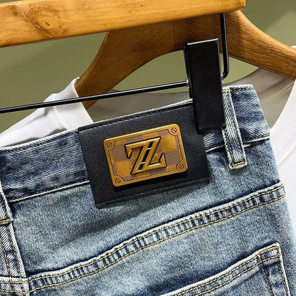 Denim Shorts Men - Slim Fit Knee Length Casual Summer Pants With Trendy Patch