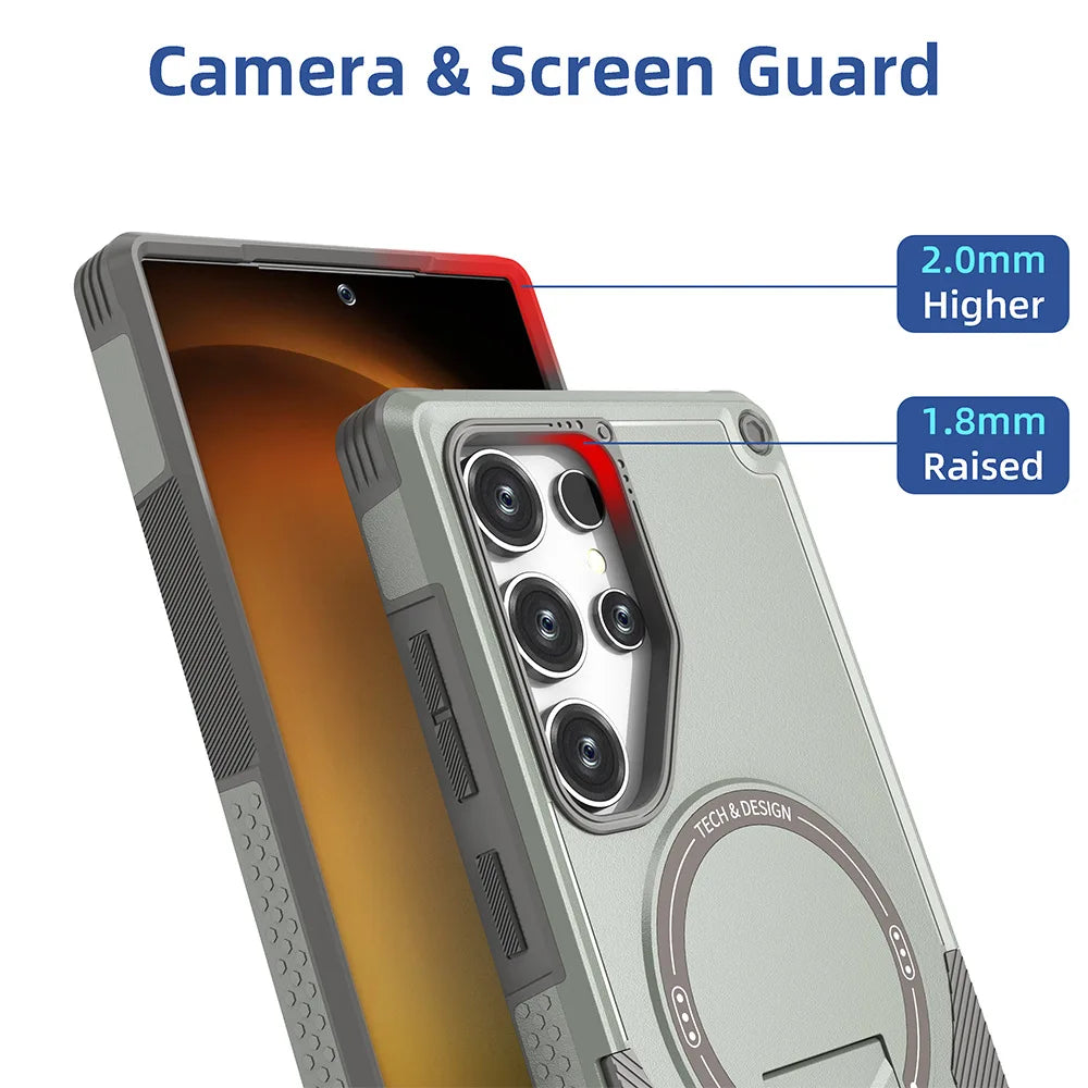 Magnetic Armor Case For Samsung S26 S25 Ultra S24 Plus A56 5G A36 A26 A16 A06 With Holder Cover Wireless Charging Bracket Cover