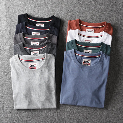Summer New American Retro Short-sleeved O-neck Solid Color T-shirt Men's Fashion Simple 100% Cotton Washed Casual Sport Tops