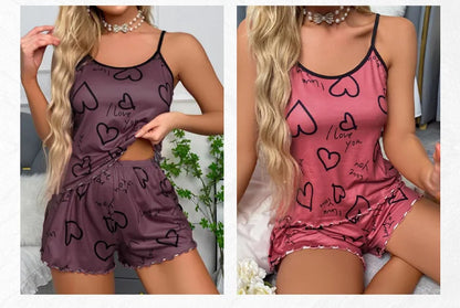 Women's Heart-Shaped Printed Pajamas Set Sexy Pajamas Silk Pleated Vest Shorts Set Soft and Comfortable Home Wear Sweet and Cute