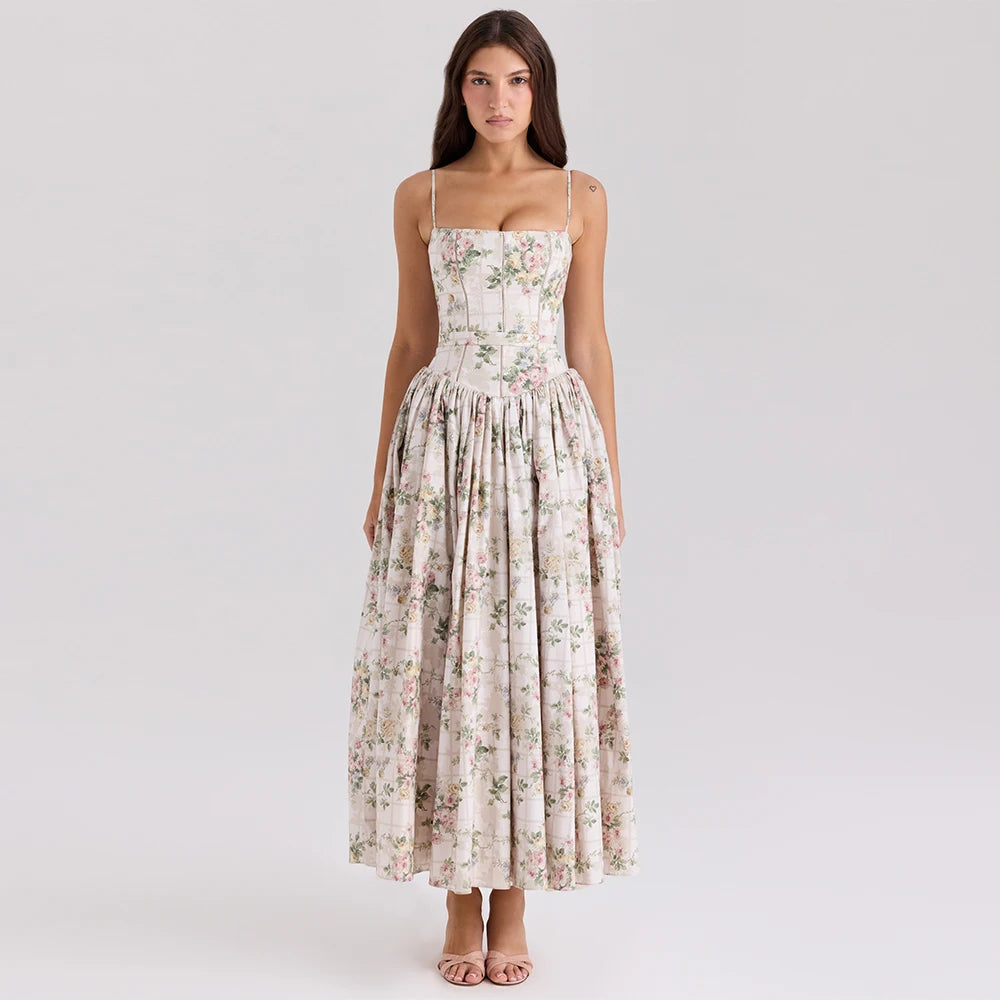 Summer Midi Dress - Women's Floral Print Elegant Camisole Fit and Flare Holiday Dress