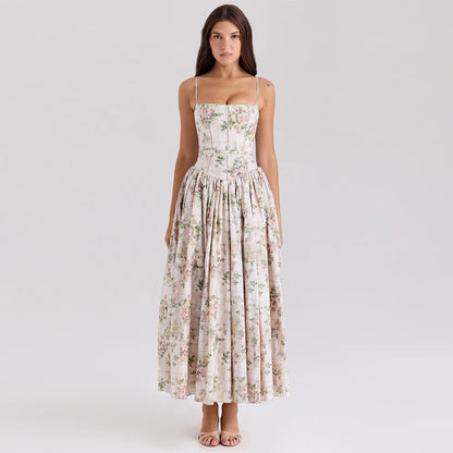 Summer Midi Dress - Women's Floral Print Elegant Camisole Fit and Flare Holiday Dress
