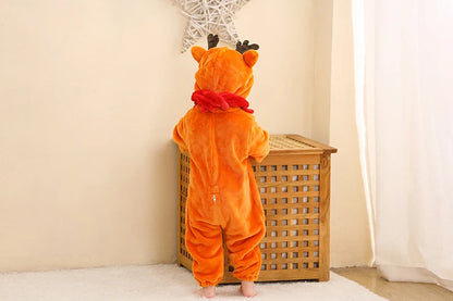 Baby Winter Rompers - Soft Polyester Hooded Jumpsuit With Animal Pattern, Machine Washable