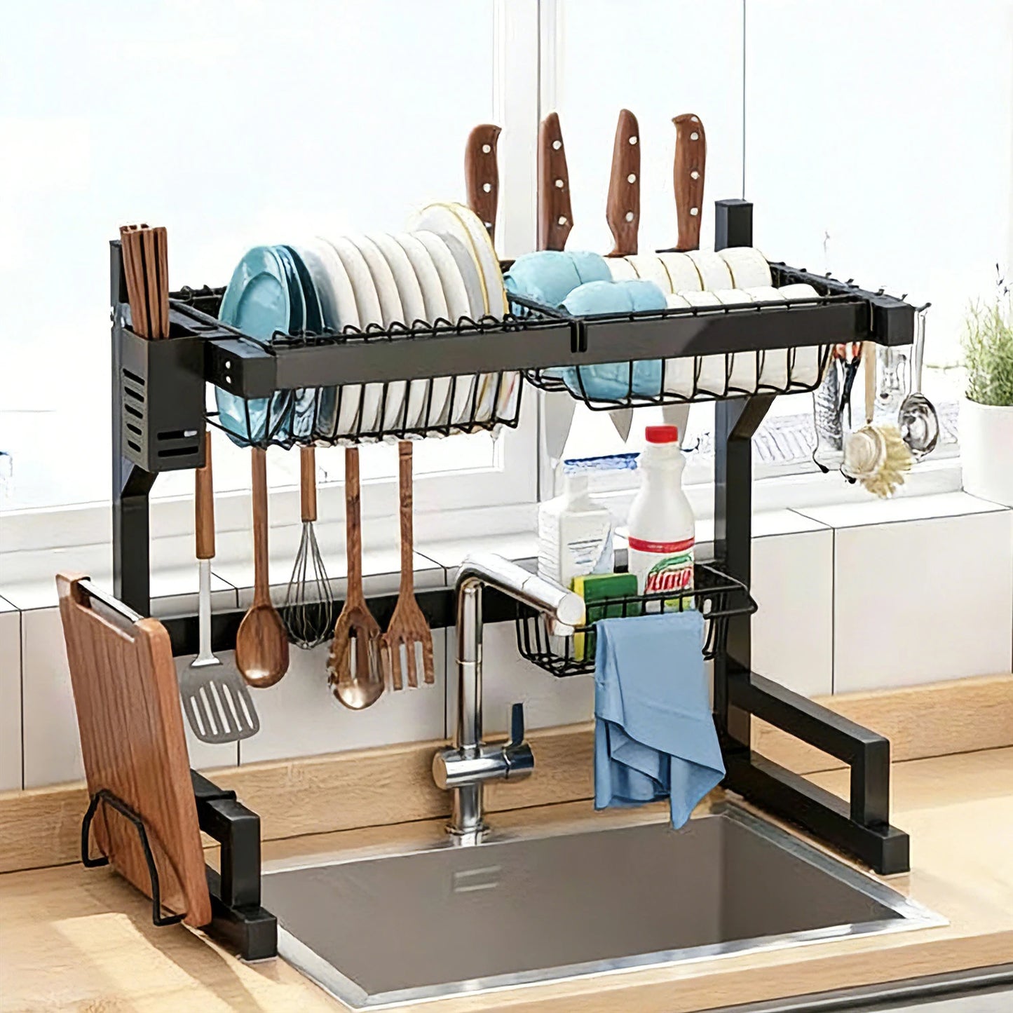 Dish Rack Above Sink - Two Tier Kitchen Draining Rack with Utensil Holder, Large Capacity