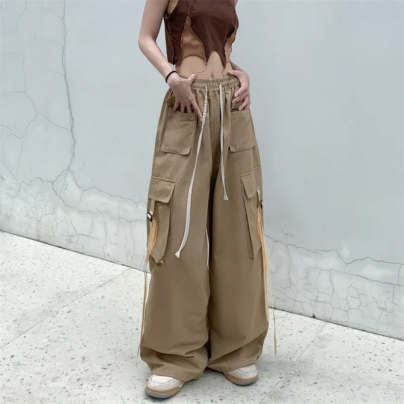 High Quality 2025 Cotton High Street Cargo Pants for Women Men with Ribbon High Waist Wide Leg Hip-hop Cool Dances Pants Ladies