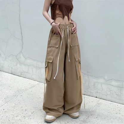 High Quality 2025 Cotton High Street Cargo Pants for Women Men with Ribbon High Waist Wide Leg Hip-hop Cool Dances Pants Ladies