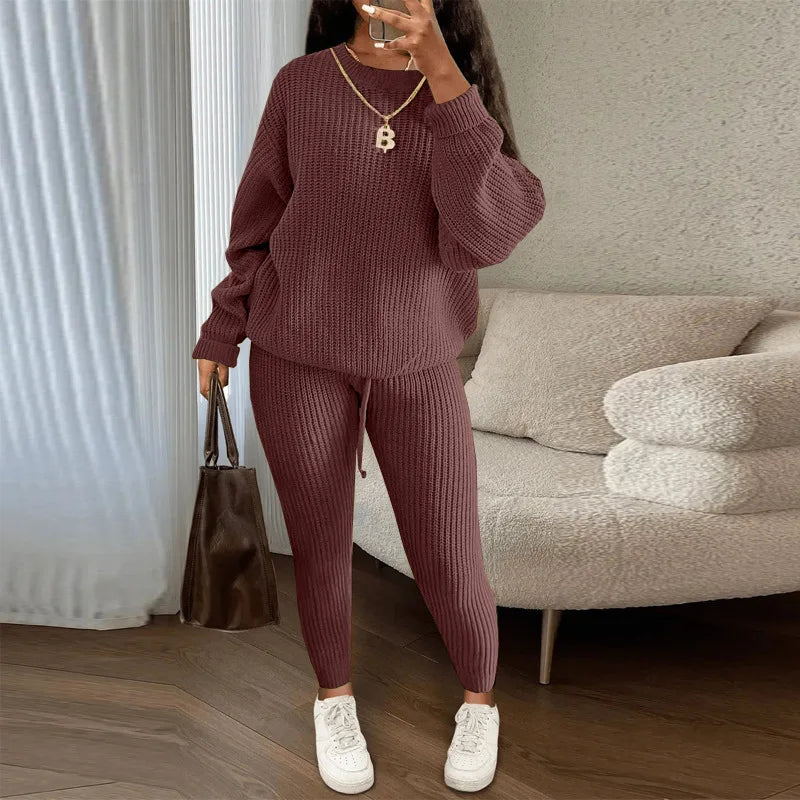 Knitted Sweater Two Piece Set For Women Autumn Winter Long Sleeve O Neck Sweater + Skinny Pants Sets Casual Knit Outfit Homewear
