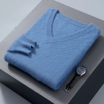 Men's 100% Pure Mink Cashmere Sweater V-neck Pullover Knit Bottoming Shirt Autumn And Winter New Long-Sleeve High-End Mink Tops