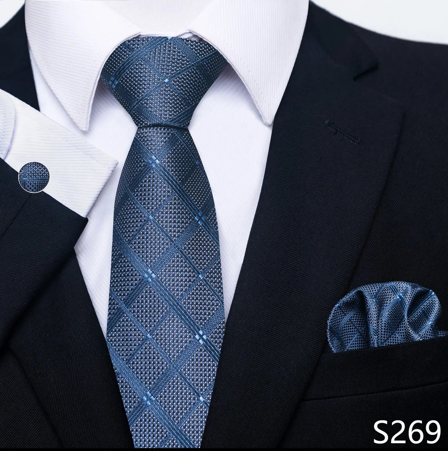 Mens Blue Gold Tie  Pocket Square Set - Wedding  Party Accessories