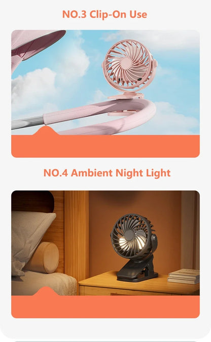 Portable Mini Cooler Fan 720°Rotatable Clip Fan Built In Night Lamp USB Rechargeable Personal Fan For Outdoor Camping Ventilador