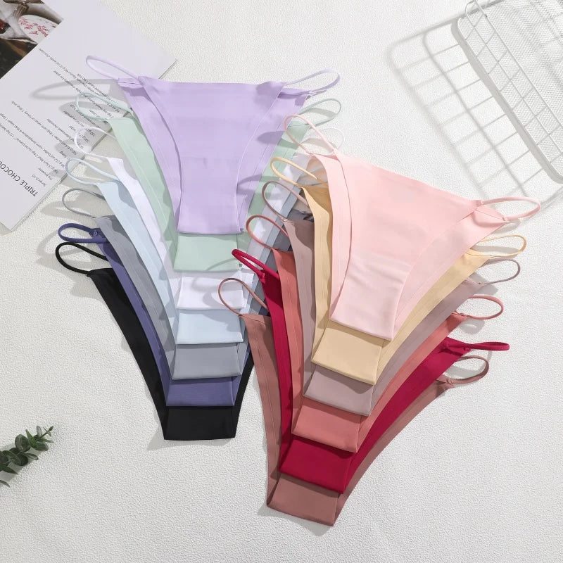 4PCS/Set Seamless Thin Strap Thong Underwear Women Low Rise Briefs Ice Silk Comfortable Panties Multi Color No Trace Lingerie