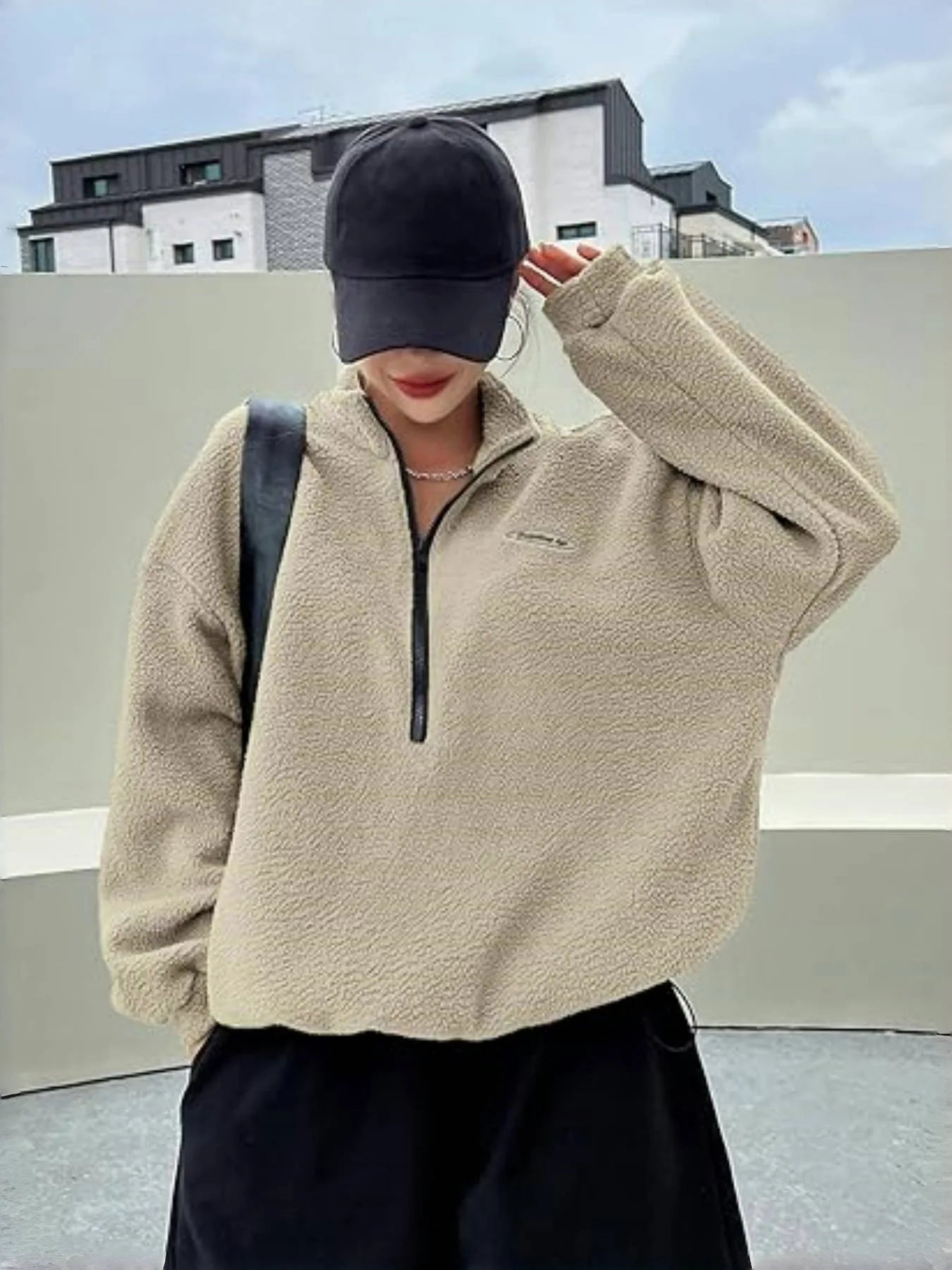 Autumn Winter Women Fleece Pullover High Neck 1/4 Zip Sweatshirts Retro Badge Green Loose Warm Teddy Outwear Harajuku Clothing