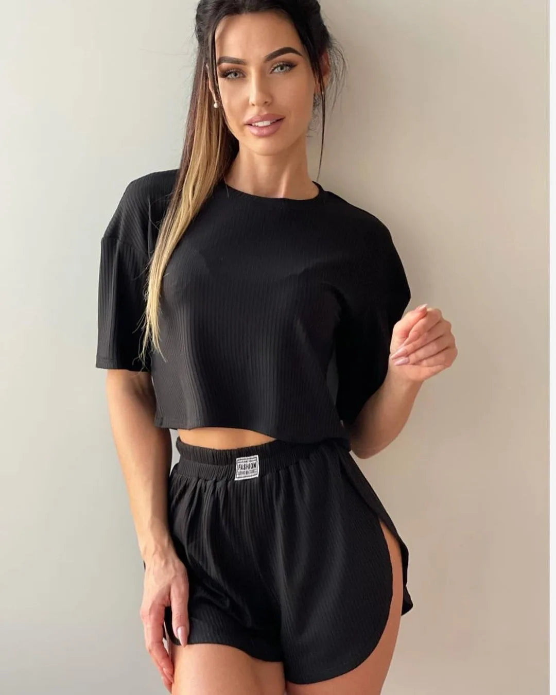 Women's Ribbed 2-Piece Loungewear Set, Crop Top & Shorts Pajama Set, Soft Sleepwear for Daily Lounge