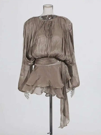 Mini Blouse Dress - Women's V Neck Long Sleeve Lace Up Sweet Style Above Knee