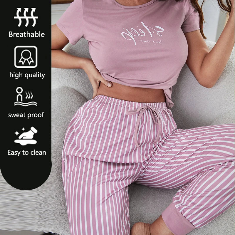 2Pcs Women Plus Size Pajamas Short-Sleeved White Striped Drawstring Trousers Student Homewear Suit Letter Print T-Shirt Ladies