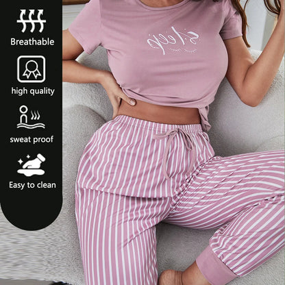 2Pcs Women Plus Size Pajamas Short-Sleeved White Striped Drawstring Trousers Student Homewear Suit Letter Print T-Shirt Ladies