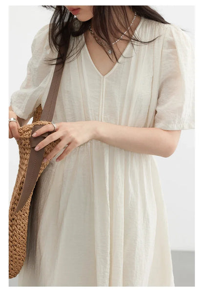 Vintage V-Neck Dress – Women Summer Fashion | White Puff Sleeve, Loose Ankle-Length