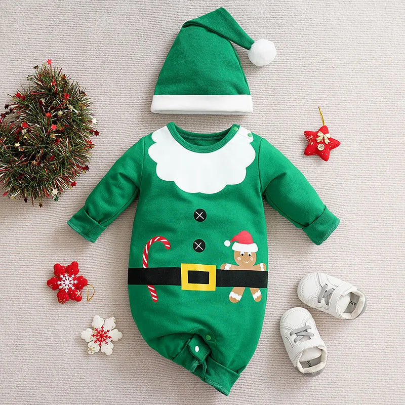 Baby Romper Cotton - Newborn Unisex Velvet Santa Elk Long Sleeve 0-18 Months