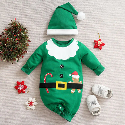 Baby Romper Cotton - Newborn Unisex Velvet Santa Elk Long Sleeve 0-18 Months
