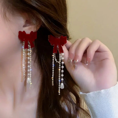 New Wine Red Velvet Rose Pearl Earrings for Women Vintage Red Rose Elegant High-end Studs Earrings Jewelry Accessories Gifts