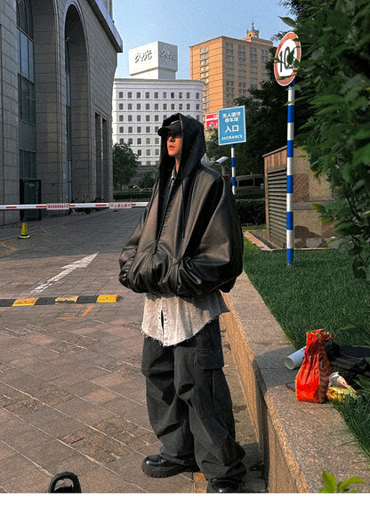 Mauroicardi Spring Autumn Short Oversized Black Soft Pu Leather Jacket Men with Hood Zipper Loose Casual Korean Fashion Clothes