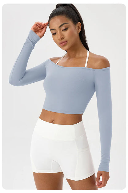 Women's Yoga Shirt - Long Sleeve One Shoulder Tight Fit Workout Top | Quick Drying