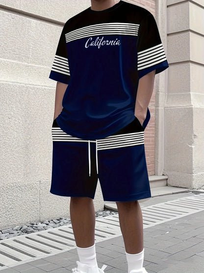 Men's summer breathable and comfortable round neck T-shirt top shorts set with striped pattern print outdoor two-piece set