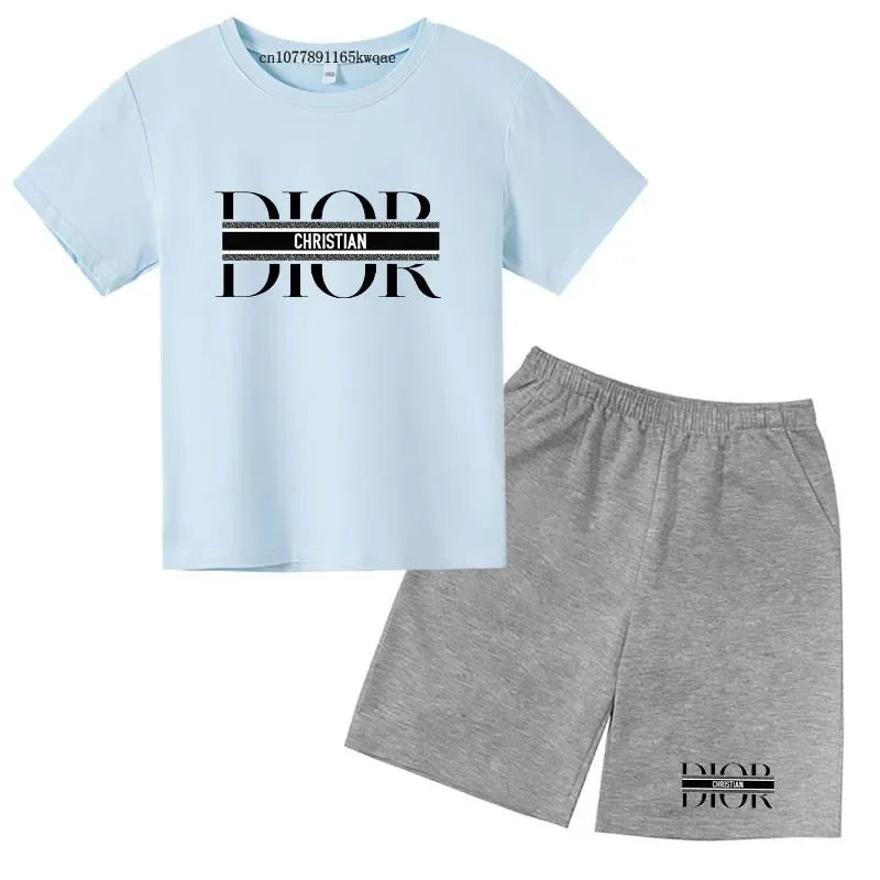 Summer Short Sleeve T Shirt +shorts 2 Piece Set Children Clothes Luxury Brand Print Sport Casual Fashion Boy Girl Kid Tracksuit