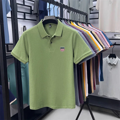 Men's Summer Luxury 100% Cotton Polo Shirt, Lapel Print Short Sleeve T-shirt, Breathable Business Casual Menswear