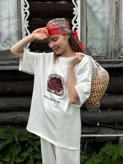 Sunuyoo Summer New Printed T-Shirt 100% Cotton Women's Fashionable O-Neck Loose Short Sleeved Female Casual Cute Top